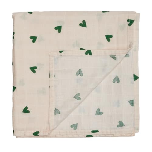 Huxie Swaddle - 100% Organic Cotton - Muslin Swaddle Blankets for Newborn, 47" x 47" (Green Hearts)