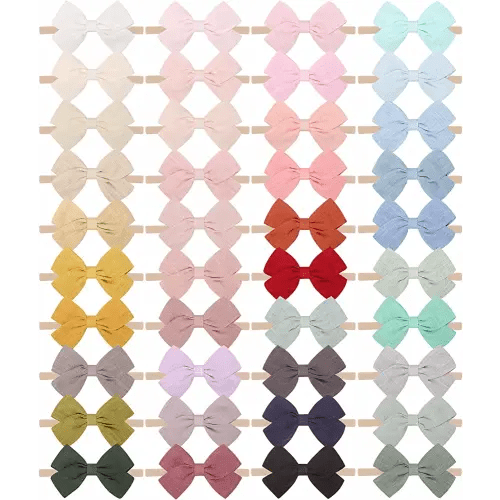 jollybows 40pcs Baby Girls Nylon Hair Bows Headbands Linen Hair Bands Elastic Hair Accessories for Kids Infants Newborn (4-40 PCS Solid Linen)