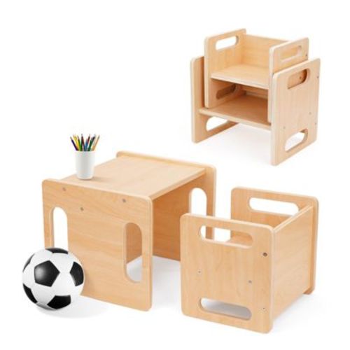 Aoibox Montessori Weaning Table and Chair Set Kids Activity Furniture with Fence Step Stool Space Saving Design for 1-3 Year Olds