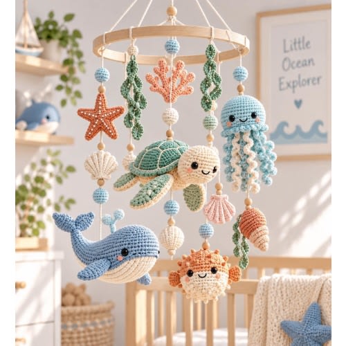 Crochet Ocean Baby Mobile, Turtle Whale Jellyfish Crib Mobile, Sea Animal Nursery Decor, Under the Sea Baby Shower Gift
