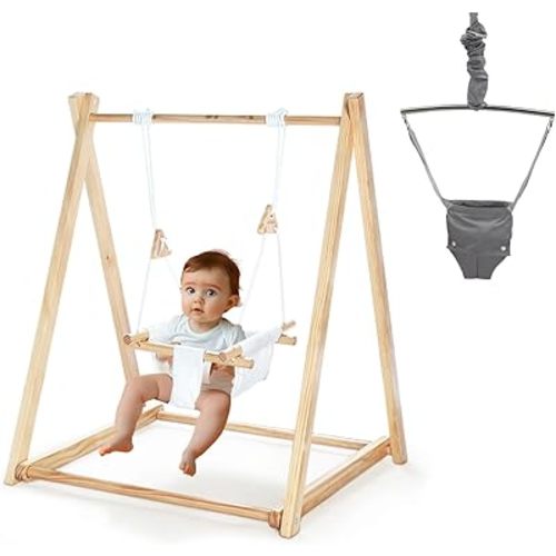 JOYMOR 2-in-1 Wooden Baby Swing & Jumper with A-Frame Foldable Stand for Indoor and Outdoor Use, Montessori Play Set with Baby Swing-Seat for Toddlers 6-36 Months