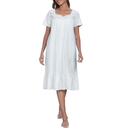 YUNDAI Women's 100% Cotton Lace Short Sleeve Nightgown with Pockets Solid Color Button Mumu Dress S-XXL