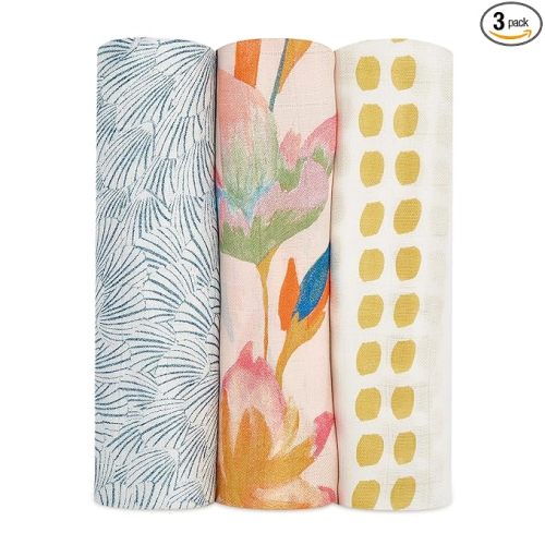 aden + anais Silky Soft Swaddle Blanket | 100% Bamboo Viscose Muslin Blankets for Girls & Boys | Baby Receiving Swaddles | Ideal Newborn & Infant Swaddling Set | 3 Pack, Marine Gardens