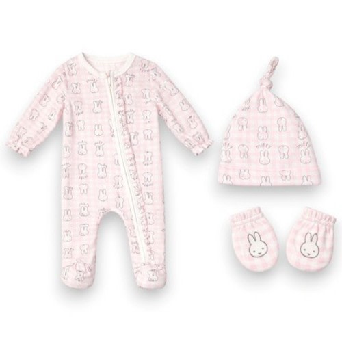 Miffy Baby Girls’ 3-Piece Ultra-Soft Sleep N’ Play Coverall, Beanie & Mitten Layette Set, Pink/Gingham, Newborn