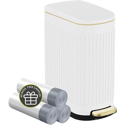 2.6 Gallon Slim Bathroom Trash Can with Soft Close Lid, 10L Stainless Steel Garbage Can with Removable Liner Bucket, for Narrow Spaces, Bathroom, Bedroom (White)