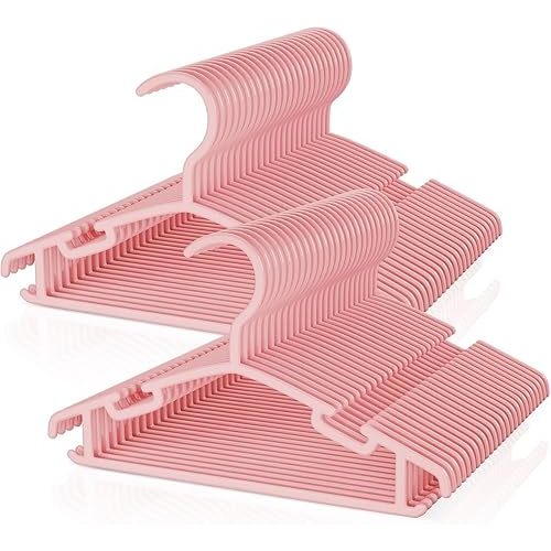VILICK Kids Plastic Hangers, Baby Clothes Hangers for Closet 50 Packs Non-Slip Toddler Hangers for Infant Child Clothing for Pants Coats Skirts (Pink)