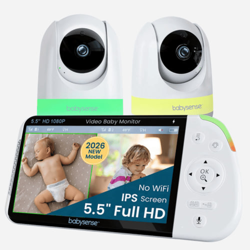 Babysense PRO | Non WiFi Video Baby Monitor with 2 Cameras, Split Screen, Night Light & Sound Machine