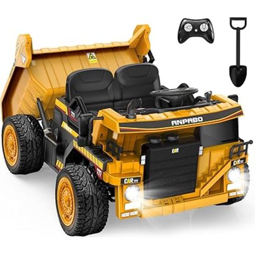 ANPABO 24V Ride On Dump Truck, 2X75W Powerful Motors, Up to 4.4Mph, EVA Tires, Construction Vehicle w/Electric Dump Bed and Extra Shovel, 19" Spacious Seat, Kids Car w/Parent Remote -Yellow