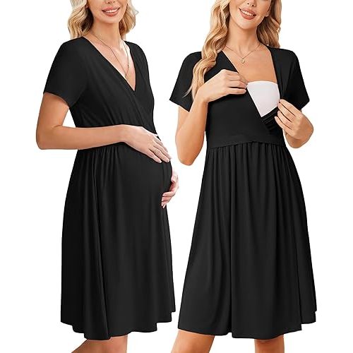Ekouaer Women 3 in 1 Labor and Delivery Gown Split Front Flap Maternity Hospital Dress Nursing Nightgown for Breastfeeding