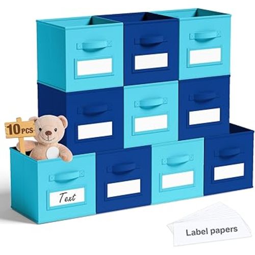 10 Pack Fabric Storage Cubes 11 Inch Collapsible Cube Bins with Label Window & Handle Foldable Organizers Baskets for Shelf Closet Nursery Kids Room Clothes Book Toy(Lake Blue, Navy Blue)