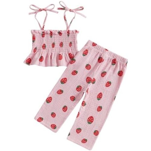 Lamuusaa Toddler Baby Girl Clothes Sleeveless Strawberry Crop Tops Cotton Linen Wide Leg Pants Summer Outfits