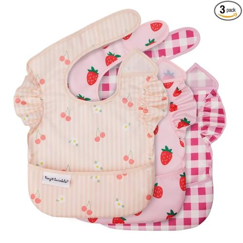 Tiny Twinkle Mess-Proof Baby Bibs for Eating | Waterproof, Wipeable Toddler Bibs with Catch-All Pocket | Feeding Bibs for Girls & Boys(3 Pack,Cherry Coquette,Strawberries,Raspberry Gingham)