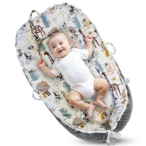 Dream Nest Baby Bed – Portable Baby Lounger for Newborn 0–24 Months | Soft & Breathable Co Sleeper for Baby in Bed | Reversible Cotton & Flannel Cover | Lightweight & Machine Washable