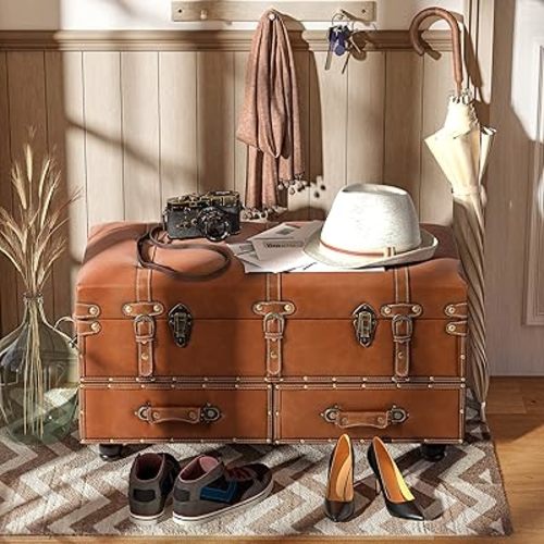 COZAYH Vintage Storage Bench Upholstered Mid-Century Bed Bench Faux Leather Storage Ottoman Accent Storage Chest for Hallway, Entryway, Bedroom, Tan