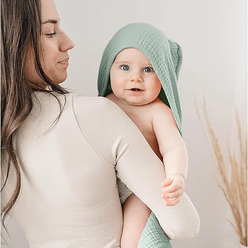 Konssy 2-Pack Muslin Hooded Baby Towels, 100% Cotton, Ultra-Soft & Absorbent Baby Bath Towels with Hood for Newborn & Infant (Grey, Green,30" x 30")