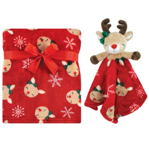 Hudson Baby Infant Girls Plush Blanket with Security Blanket, Girl Holiday Reindeer, One Size