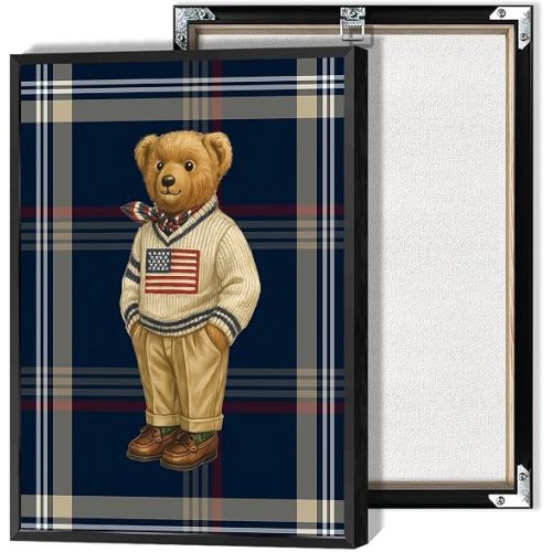 Retro Teddy Bear Poster Gentleman Bear in a Sweater Canvas Wall Art Minimalist Abstract Animal Tartan Magazine Prints Painting For Living Room Apartment Nursery Wall Decor 16x24in Framed