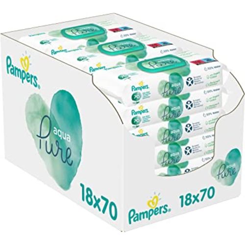 Pampers Baby Wipes Multipack, Aqua Pure, 1260 Wet Wipes (18 x 70), Baby Essentials For Newborn, Made With Organic Cotton For A Soft Touch