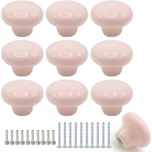 10Pack Ceramic Cabinet Knobs, 1.26Inch/32mm Pink Round Drawer Dresser Knob Pulls Handle with Screws, for Kitchen Cupboards, Wardrobes, Children's Rooms, Bedroom Furniture & Office Desks