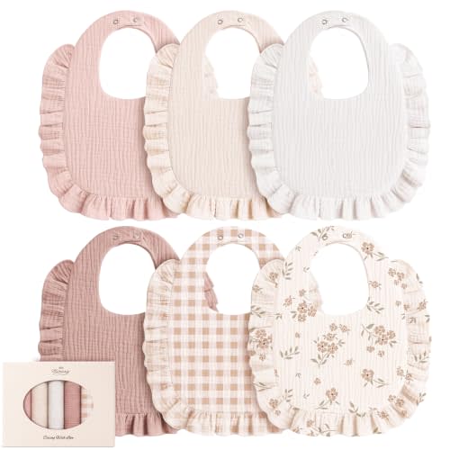 Konssy 6-Pack Muslin Baby Girl Bibs, 100% Soft Cotton Absorbent Drool Bibs | 6-Layer Adjustable Bibs with Ruffle Trim for Drooling & Teething, Baby Girl Gifts for Newborn, Infant 0-36 Months(Blossom)