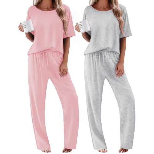 Ekouaer 2 Pack Womens Pajamas Sets Short Sleeve Long Pants Pjs Lounge Set | Comfy Soft Crew Neck Sleepwear with Pockets,Casual Printed Matching Sets for Daily Wear,Gifts,Mom,Friend,Maternity