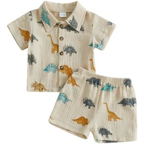 WZTYYDS ​Toddler Boy Summer Clothes Baby Dinosaur Outfit Short Sleeve Button Down Collared Shirt Tops Shorts Set