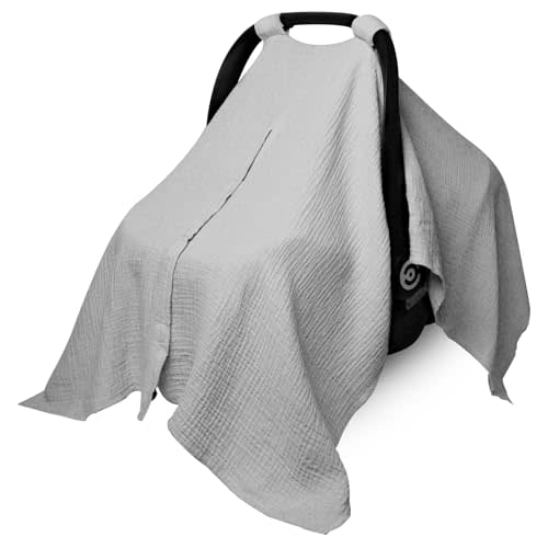 Muslin Car Seat Cover for Babies, Baby Carseat Cover for Boys Girls, Breathable Infant Car Seat Canopy, Multiuse Baby Carrier Cover & Nursing Breastfeeding Cover(Light Gray)