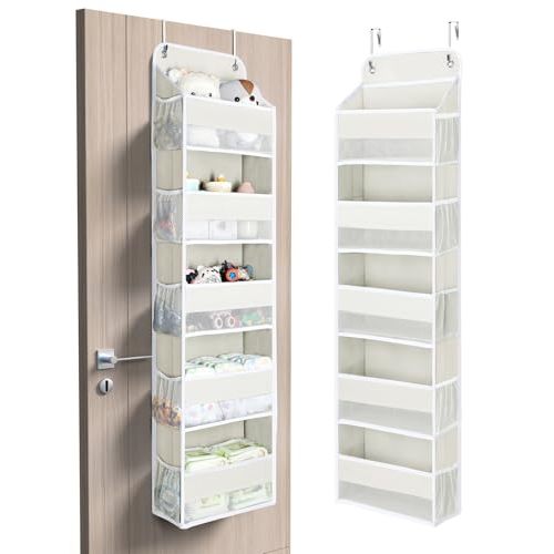 Yecaye 5 Tier Over the Door Organizer, 44lbs Load Toy Stuffed Animal Storage 10 Side Pockets, Bathroom Organizers and Storage for Nursery Newborn Baby Essential Stuff Dorm Room Essentials, Cream White