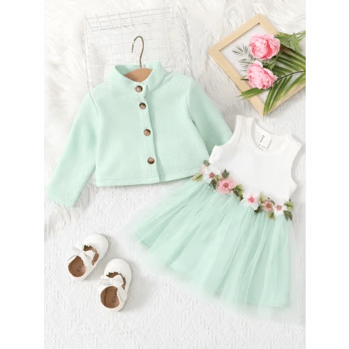 PatPat Baby Girl Clothes Dress and Jacket Set Baby Girl Gifts Green Party 1st Birthday Tutu Dress 9-12 Months