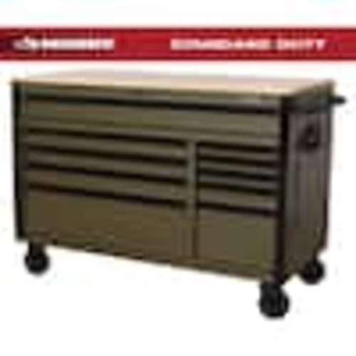 Husky Limited Edition 52 in. x 24.5 in. D 10-Drawer Army Green Mobile Workbench with Solid Wood Top H52MWC10ARMY
