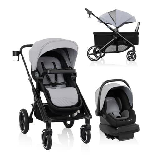 Evenflo Transformer Stroller to Wagon Travel System w/LiteMax NXT Car Seat | Convert from Stroller to Wagon, For Baby & Toddler, Rear-Facing Lightweight Car Seat Infants & Preemie 3-30lbs (Fog Gray)
