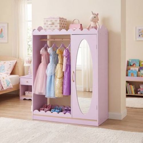 Costway Kids Dress Up Storage with Full Length Mirror, Single Door Cabinet, Hanging Rod Pink