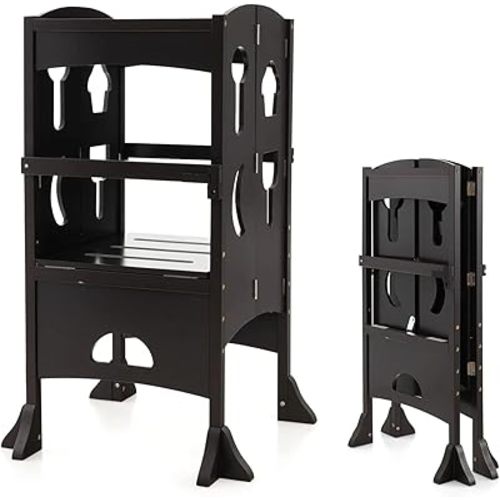 HONEY JOY Kitchen Step Stool for Toddlers, Children Wooden Standing Tower w/Safety Rail, Montessori Foldable Kids Learning Stool for Kitchen Counter(Coffee)