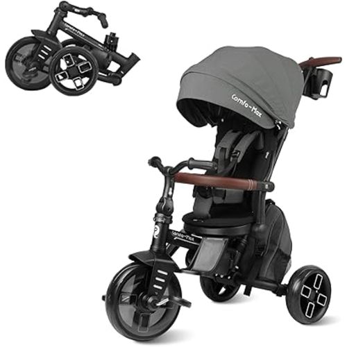 QPlay Toddler Bike Stroller for Baby 10 Months to 6 Years Old, 8-in-1 Foldable Stroller Bike for Toddlers 3-5 Boys & Girls Gifts Trike — Adjustable Handle, Triple Footrest, Canopy & Storage Bag