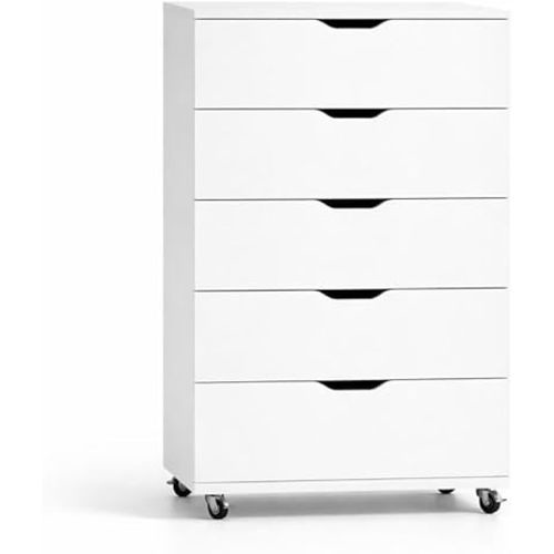 Rolling 5 Drawer Dresser, Locking Casters, Wide Tall Chest of Drawers for Small Spaces, Anti-Tip Stability Design, 30.71" W x 15.75" D x 44.49" H (Hollowed-Out Handle, White)