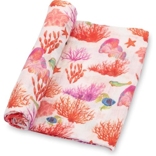 LollyBanks Baby Muslin Swaddle Blanket, 100% Cotton, Soft for Girls, 47 x 47 Inches, Coral Print