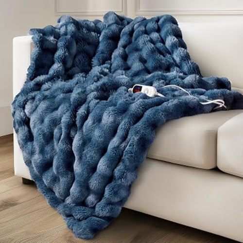 Electric Heated Blanket for Girls & Women, Soft & Luxurious,Faux Fur Heating Throw Blankets, 6 Heat Settings, Overheat Protection, Quick Heating, Memory Function, Giftable, 50"x60",Tie-dye Blue