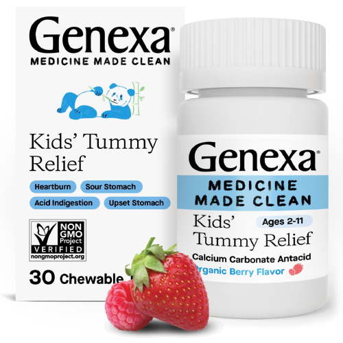 Genexa Kids’ Clean Tummy Relief Antacid Chewables, Dye Free, 0% Artificial Additives, Children's Tummy Ache Relief, Calcium Carbonate Acid Reducer, Organic Berry Flavor, 30 ct