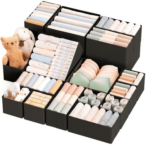 Criusia Clothes Drawer Organizers, 20-Pack Foldable Fabric Dresser Bins for Closet Storage, Drawer Dividers for Clothing, Baby Clothes, Underwear, Socks & Accessories (Black)