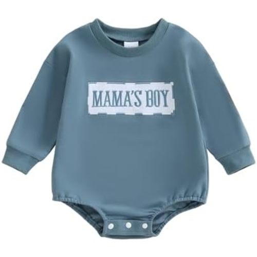 KMBANGI Mama's Boy Newborn Baby Boy Clothes Long Sleeve Letters Embroidered Sweatshirt Romper Bubble Onesie Fall Outfit