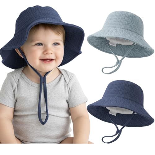 Konssy Muslin Baby Boy Sun Hat 2-Pack, Infant Sun Hat with Wide Brim, UPF 50+ Baby Beach Hat for 0-6 Months