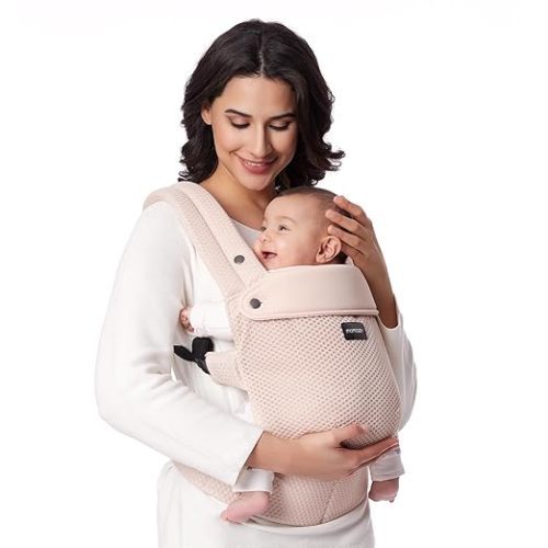 Momcozy PureHug Baby Carrier - Ergonomic, Cozy and Lightweight for 7-45 lbs | Easy to Put On, IHDI Hip-Healthy, 3D EVA Lumbar Support, X-Straps for Even Weight Distribution, Air Mesh Cooling, Pink