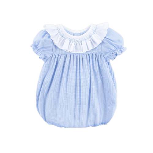 Blue Gingham Smocked Ruffle Collared Bubble
