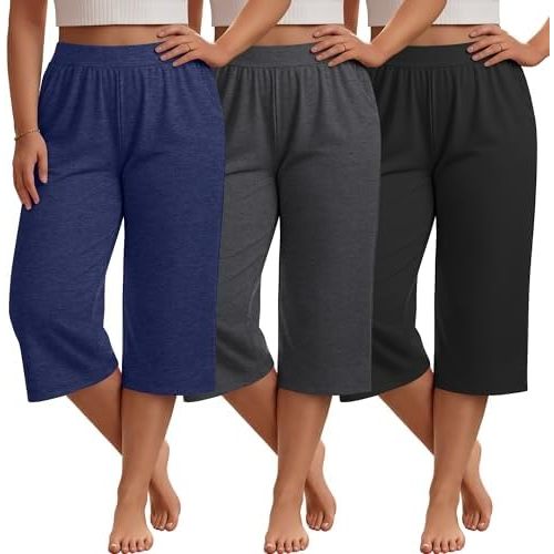 Huukeay 3 Pack Women's Plus Size Capri Pants Loose Fit Wide Leg Capris Sweatpants Summer High Waisted Yoga Pants with Pockets