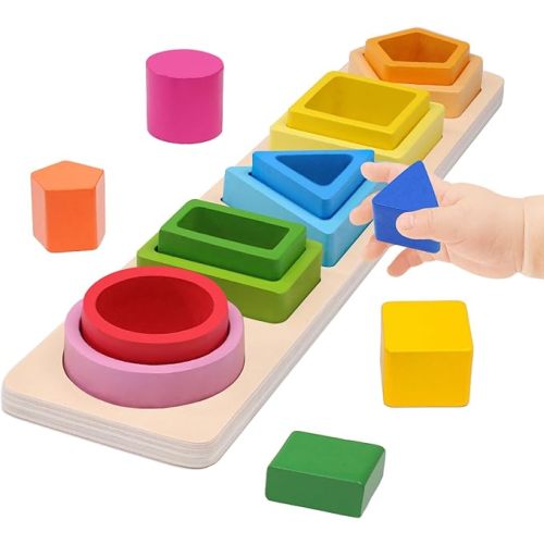 Montessori Toys for 1+ Year Old, Wooden Baby Stacking Shape Color Sorting Toys for Toddlers 1-3, Preschool Learning Activities Toddler Games, 1 2 3 Year Old Girls Boys Birthday Gifts