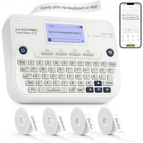 SUPVAN E12 Keyboard & Bluetooth Label Maker Machine with 4 Tapes, White