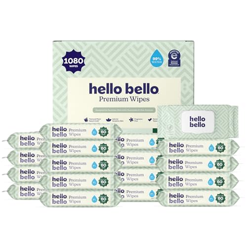 Hello Bello Premium Wipes, Designed for Sensitive Skin with Chamomile & Aloe Extracts, Simply Sage (18 Resealable Packets = 1080 Total Wipes)
