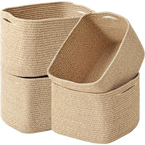 ICERZCZ Storage Baskets for Organizing & Shelves, Woven Cotton Rope Organization Bins for Dog Toys, Clothes, Books, Nursery Organizer, 15" Lx11''Wx9.5''H, (4 Packs) Brown