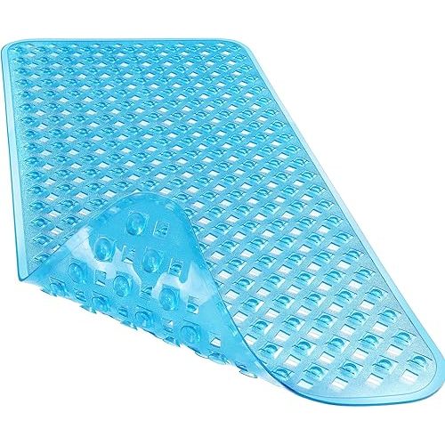 Yimobra Non Slip Bath Mat, Super Strong Suction Cups,34.5"x15.5"Long Tub Mat with Drain Holes, Machine Washable Fast Draining Shower Mats, Bathroom Essentials,Clear Blue