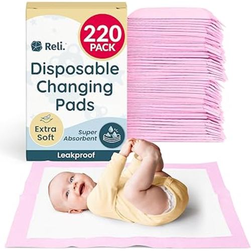 Reli. Disposable Changing Pads for Baby (220 Pack) | Disposable Diaper Changing Pads, 13" x 18" | Super Absorbent, Leak-Proof Liners | Waterproof, Quick Dry Underpads (Pink/White)